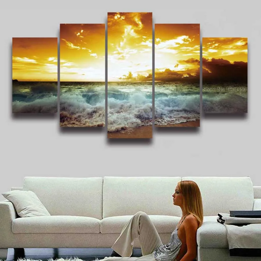 5 Panel Canvas Wall Art Crashing Waves Dusk Seascape Painting Modular Picture Prints for Living Room Decor Bedroom Decoration | Дом и сад
