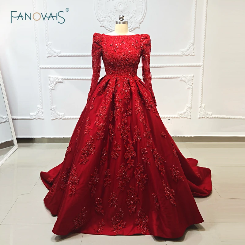 

Dubai Evening Dresses Long Sleeves Princess Ball Gown Beaded Lace Evening Gown 2019 Formal Party Dress Vestido de Fiesta NE42