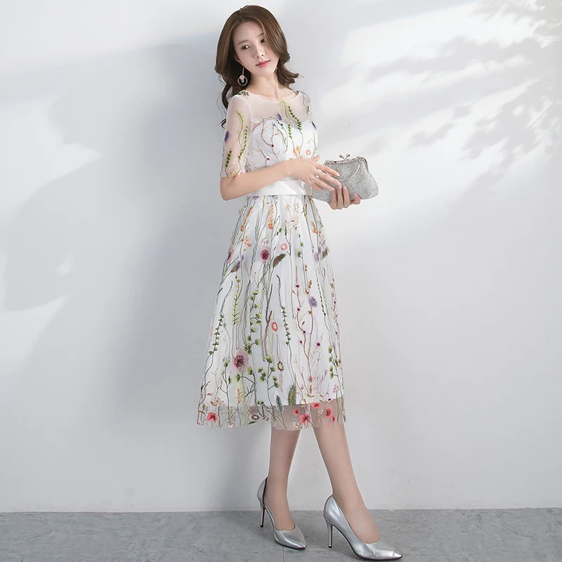 White Evening Dresses Long 2018 Elegant O-neck Half Sleeves Tea-Length Flower Lace Formal Dress Plus Size