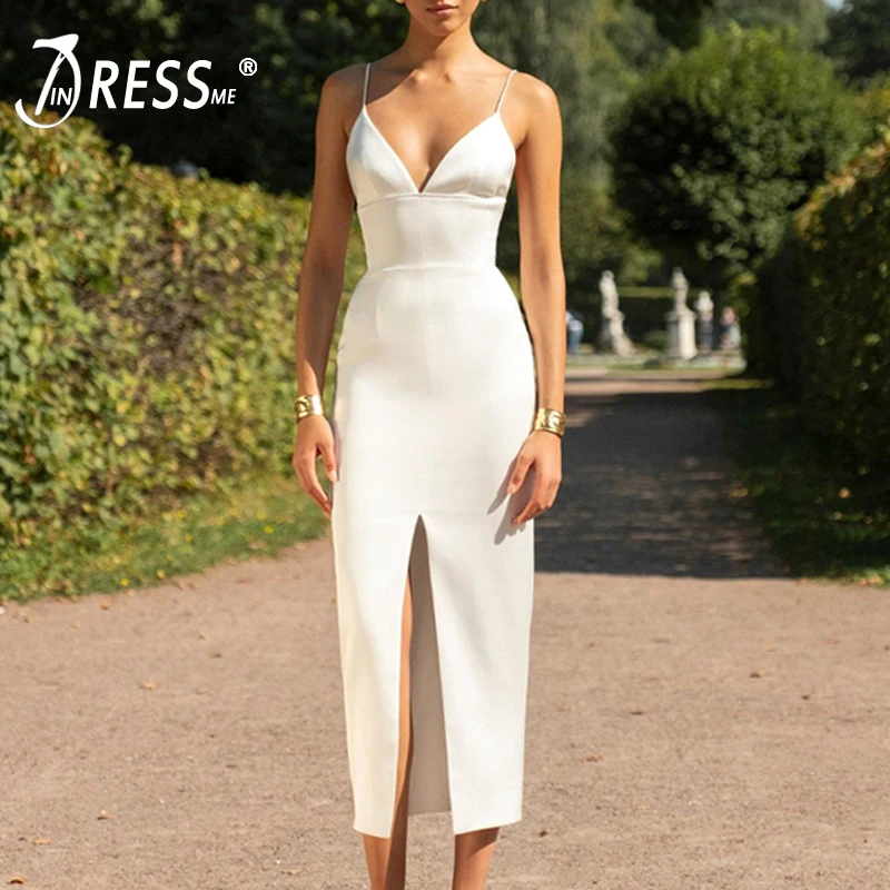 

INDRESSME Women Sexy Strap Sleeveless Deep V Neck Bandage Dress Bodycon Mid- Calf Front Slit Party Club Dress Vestidos 2019 New