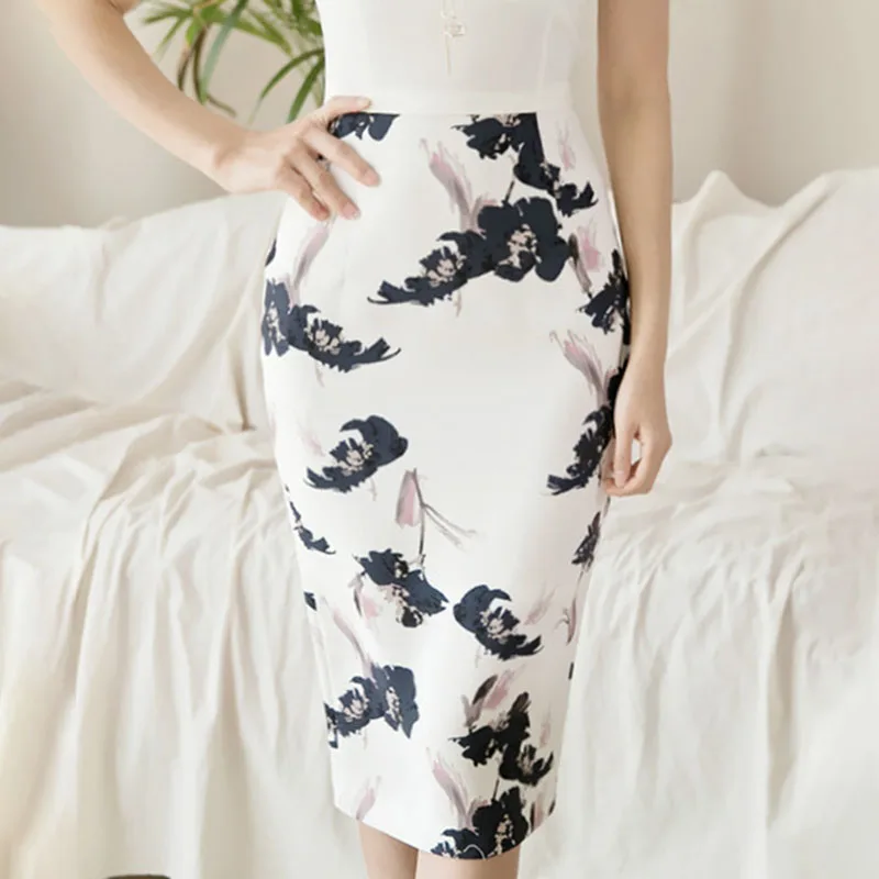 

Flower Print Pencil Skirt Bodycorn Skinny Skirt Plus Size White Midi Skirt Summer Skirt Zipper Korean Vintage Official Lady Sexy