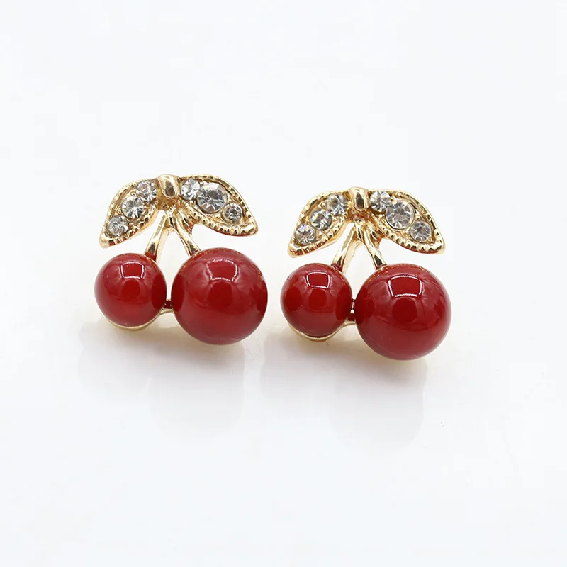 

New Fashion Cute Lovely Red Cherry Earrings Rhinestone Leaf Bead Stud Earrings For Woman Jewelry Boucle D'oreille Femme