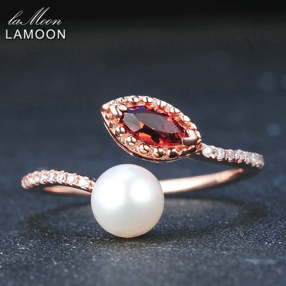 LAMOON Natural Red Garnet Freshwater Pearl 925 Sterling Silver Jewelry Wedding Ring with Rose Gold Plated