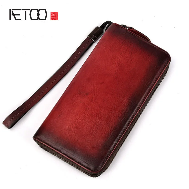 

AETOO Tree Ointment Retro Handmade wallet men's business casual zipper wallet head cowhide European and American hand bag