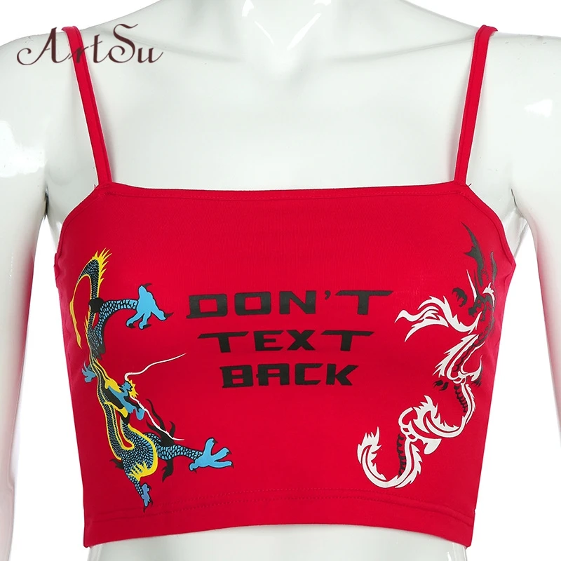 ArtSu/укороченный топ с рисунком в стиле Харадзюку с открытой спиной, без рукавов, на тонких бретелях, женские милые топы, жилет, летняя уличная одежда ASVE20673 - Цвет: Красный