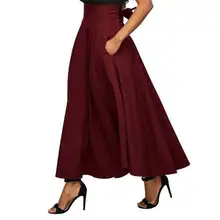 3 Colors High Waist Pleated Long Skirts Women Autumn Solid Wine Red OL Work Formal All-matching Flared Full Maxi Skirt Swing