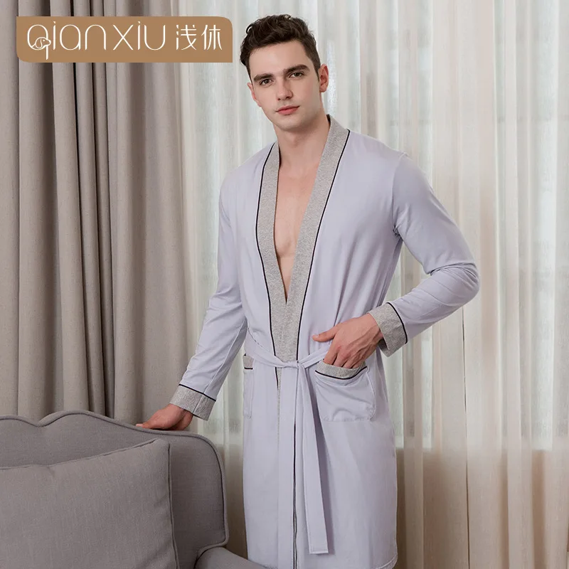 Qianxiu 2018 bathrobe for man pure cotton large size robe male splicing