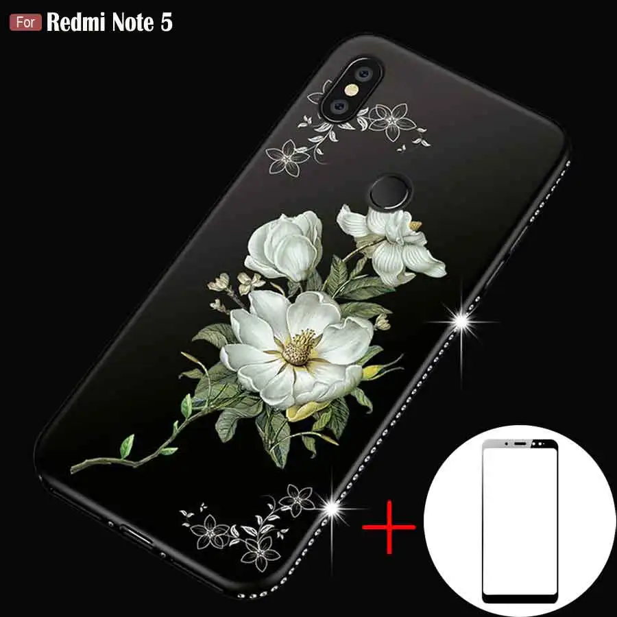 

Rhinestone Case For Xiaomi Redmi Note 5 Case 5.99" 3D Relief Flower Pattern Cover + Redmi Note 5 Tempered Glass Screen Protector