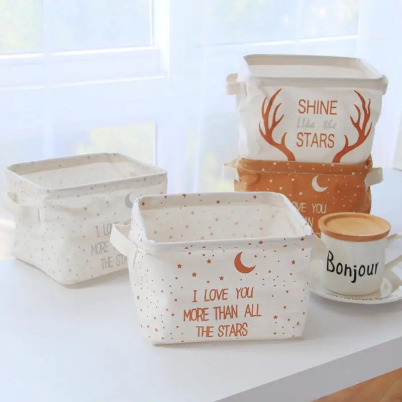 

Star Cotton And Linen Desktop Storage Basket with Carrier Handle Foldable Sundries Storage Box Table Organizer Cloth Case Basket