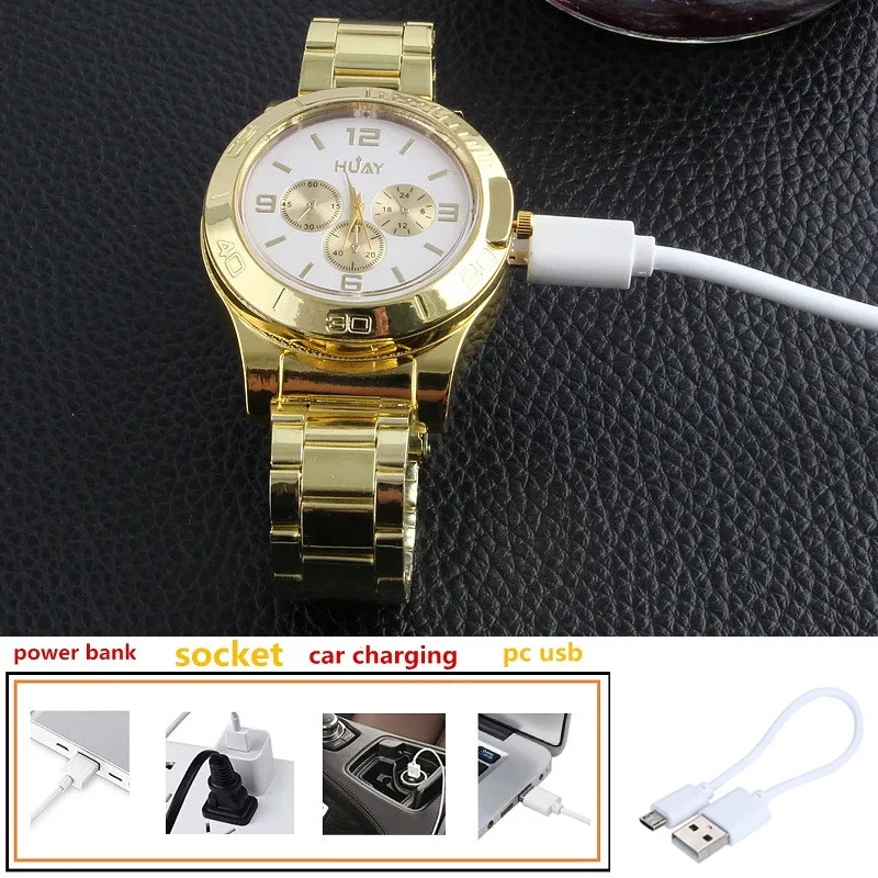 Новые светящиеся часы мужские повседневные Модные кварцевые часы USB зарядка роскошные золотые из нержавеющей стали ремешок прикуриватель