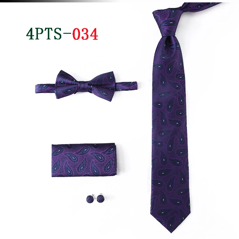 HOT 7.5cm Men Neck Tie Striped Paisley Necktie Bow Handkerchief Cufflinks Set Men's Party Wedding Pocket Square Bowtie Tie Sets