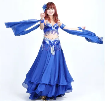 

2016 High Quality Blue Sexy Belly Dance Costume Set for Women Sequin Belly Dancing Belt Bra Costumes on Sale