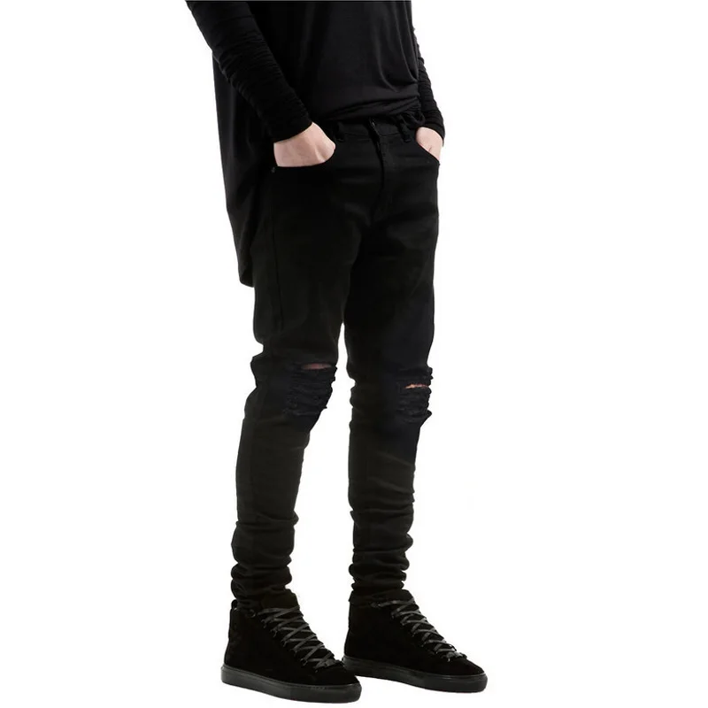 OLOME Brand New Men Knee Hole Jeans Fashion Designer Black Denim Jeans Streetwear Male Biker Jeans 4
