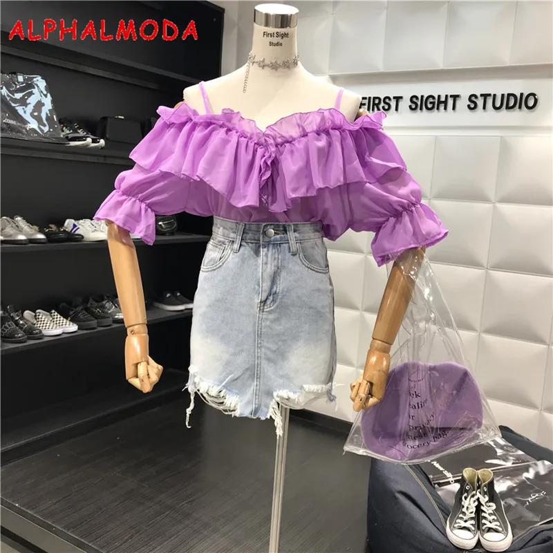 

ALPHALMODA 2018 Summer Sweet Ruffled Chiffon Blouses Off-shoulder Half-sleeved Solid Summer Shirt for Women