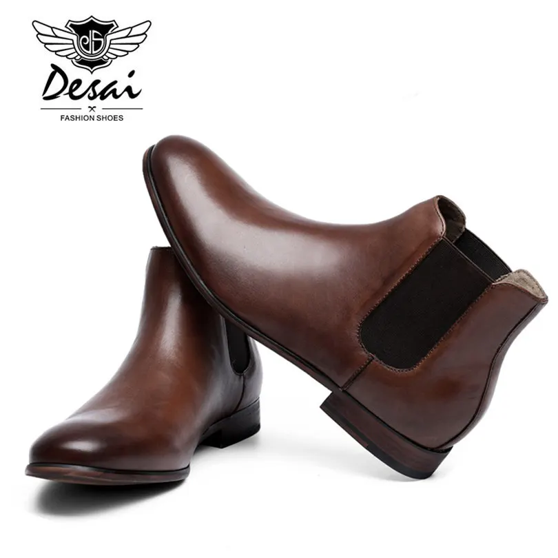 DESAI Brand Genuine Leather Men Boots British Style All Match Black Brown Simple Pointed Toe Chelsea Boots Men Ankle Shoes