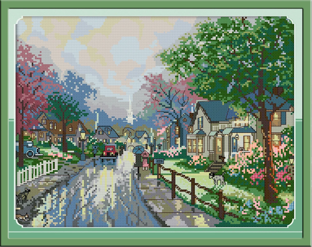 

The streets after the rain cross stitch kit aida 14ct 11ct count print canvas cross stitches needlework embroidery DIY handmade