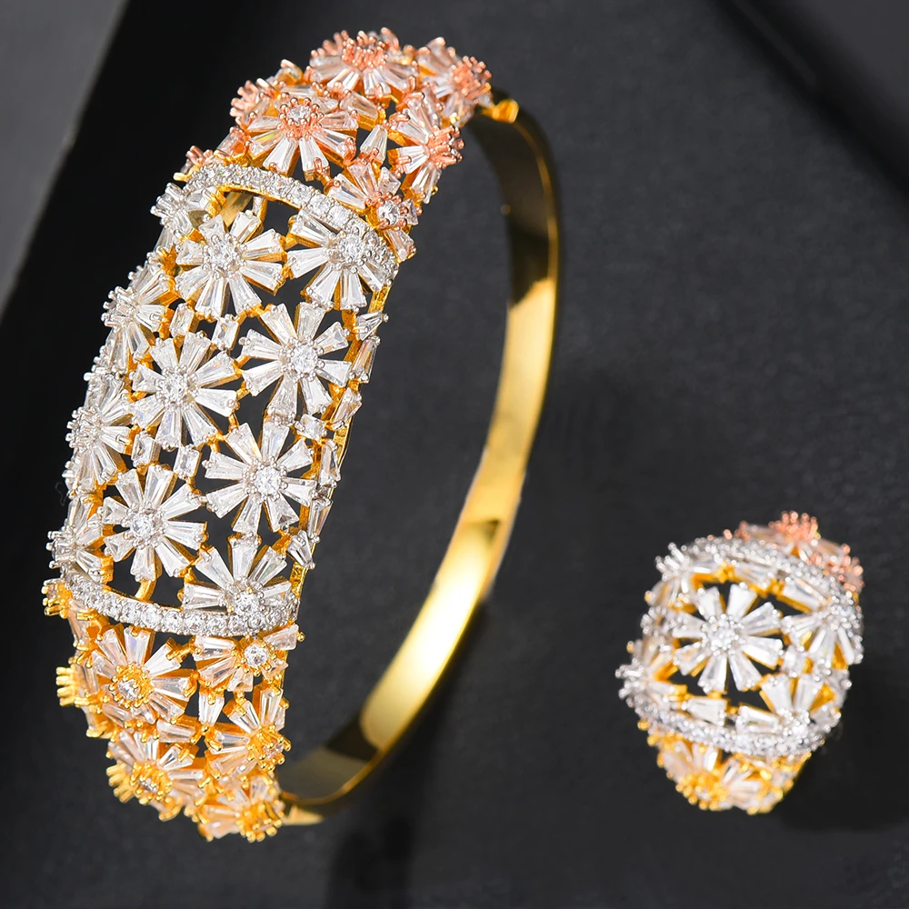 Godki роскошный цветочный нигерийский браслет кольцо набор комплекты украшений для женщин Свадебные кубический циркон Кристалл CZ Дубай Свадебные Ювелирные наборы