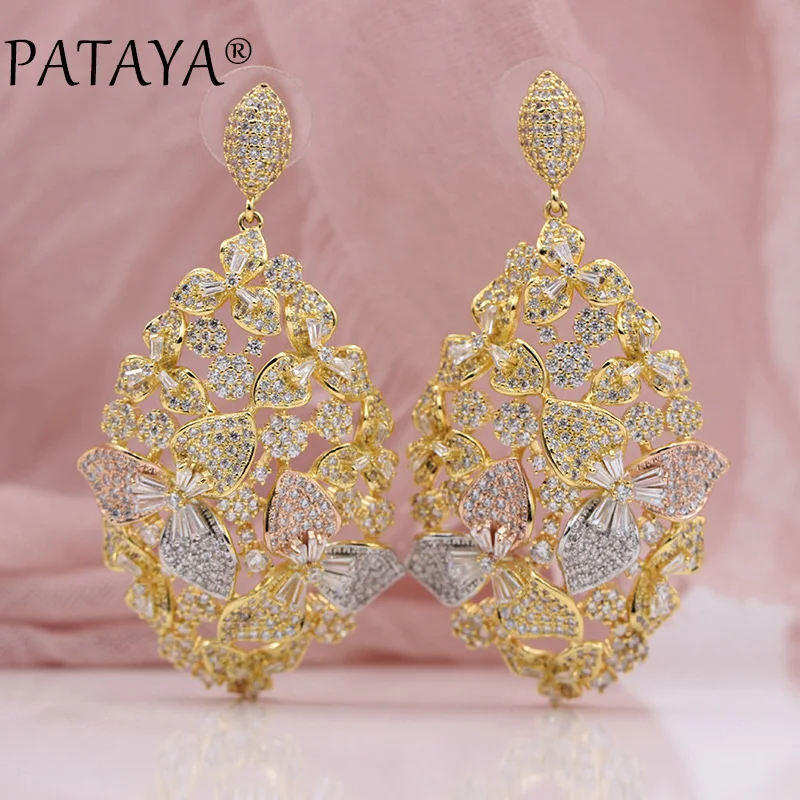 

PATAYA New Tricolor Petals Natural Zircon 585 Rose Yellow White Gold Long Stud Earrings Women Wedding Party Noble Luxury Jewelry