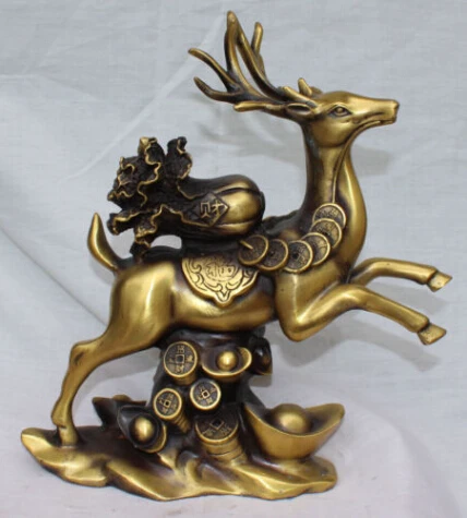 WBY JP S0064 11&quot Chinese Bronze Wealth YuanBao Money Baicai On Deer Animal Foo Fu States | Дом и сад