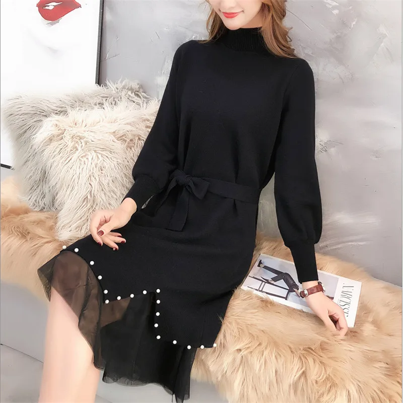 Женское зимнее платье-свитер, длинная Корейская версия нижней юбки, трикотажная водолазка с бусинами и кружевом - Цвет: Черный