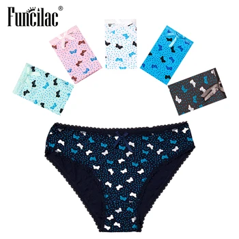 

FUNCILAC Sexy Women Panties Butterfly Dot Print Briefs Kawaii Girls Bikini Cotton Crotch Plus Size Underwear M-XL 5 Pcs/set