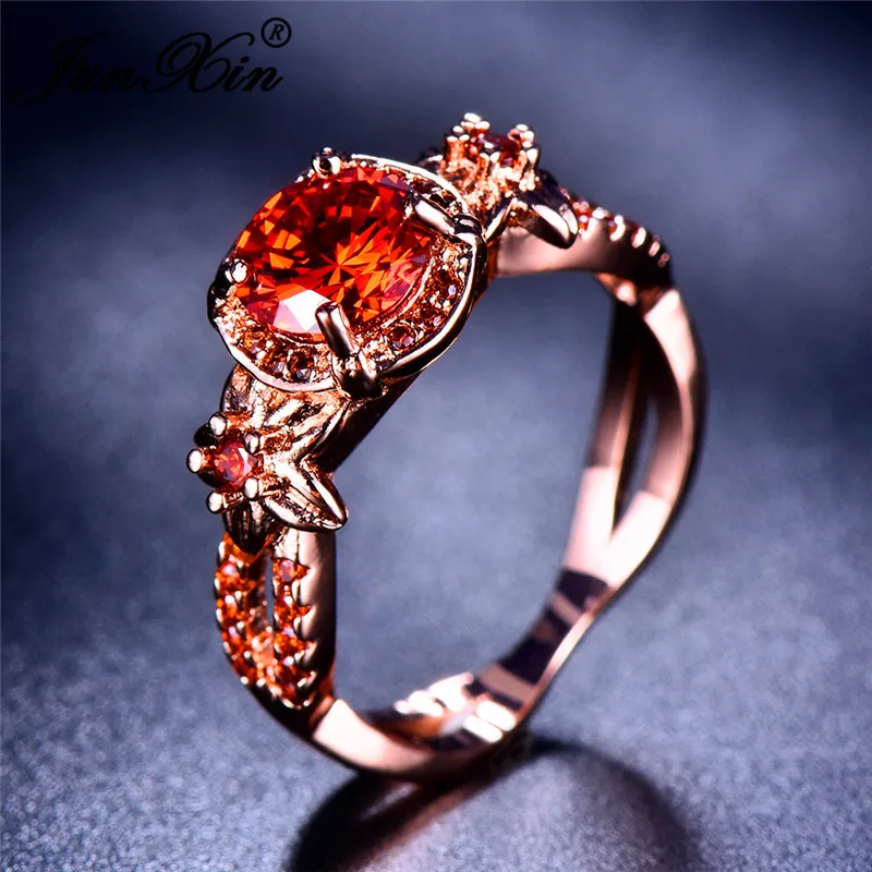 JUNXIN Charm Red Zircon Round Flower Star Rings For Women Rose Gold Filled July Birthstone Wedding Ring Female Turkish Jewelry