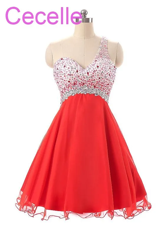 Juniors Red Short Cocktail Dresses 2019 Beading Chiffon Skirt One