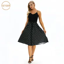 ISTider Новая черная юбка ретро в горошек юбка женская мода Высокая талия Saia Миди Юбка Повседневная плиссированная юбка на пуговицах Mujer