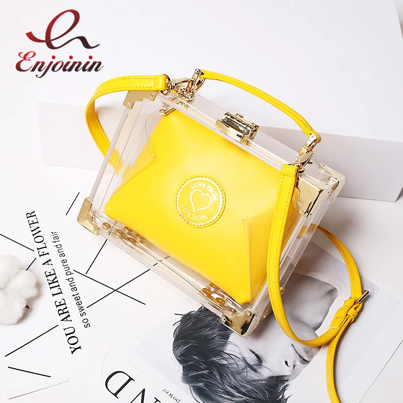High Quality Stylish Acrylic Clear Box Shape Leather Women's Handbag Shoulder Bag Casual Totes Crossbody Mini Messenger Bag omadnn women s handbag fashion shoulder bag casual simple totes femme crossbody messenger high quality leather square black bag