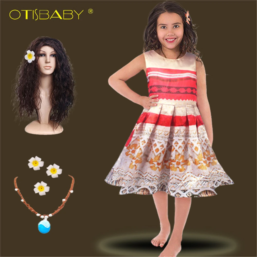 

Girls Princess Moana Cosplay Costume Christmas Dress Kids Retro Flower Print Sleeveless Vaiana Dress Necklace Halloween Dress Up