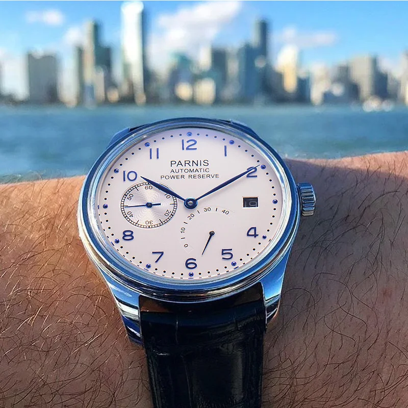 Parnis 43 مللي متر ساعات آلية الرجال 2018 التقويم للماء التلقائي الذاتي الرياح ووتش الأسود الفضة
