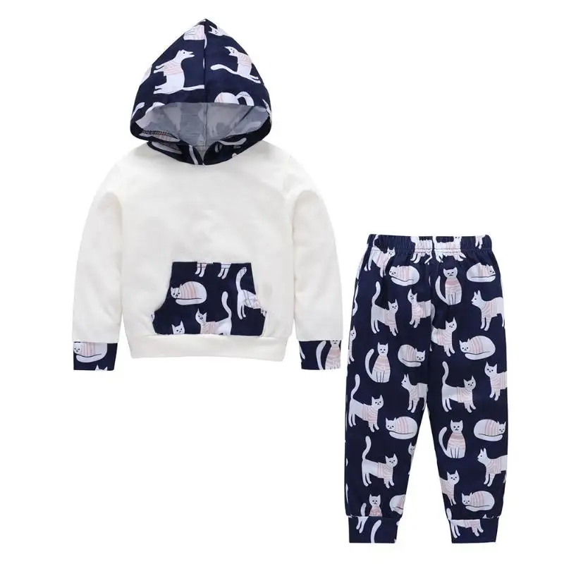 2pcs Cute Cat Clothes Set Autumn Kids Hoodies Elastic Pants Tops