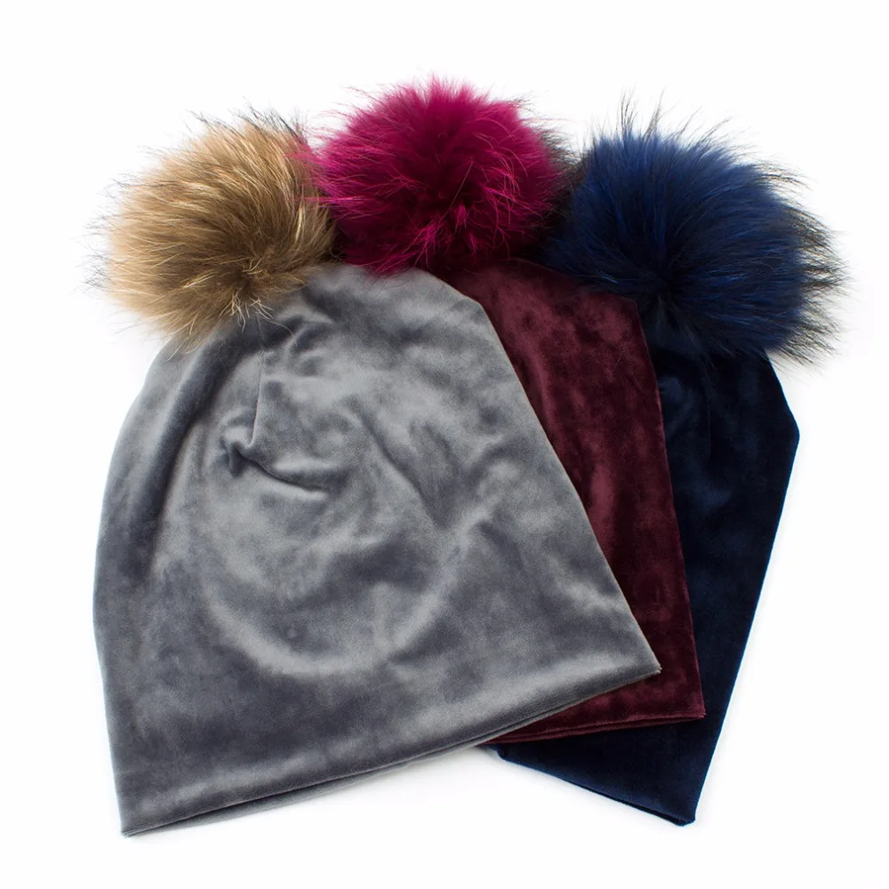 Geebro Women's Pom Pom Beanie Hat Casual Velvet Skullies Beanies Polyester Knitted Hats Warm Raccoon Fur Pompom Beanies Hat 5