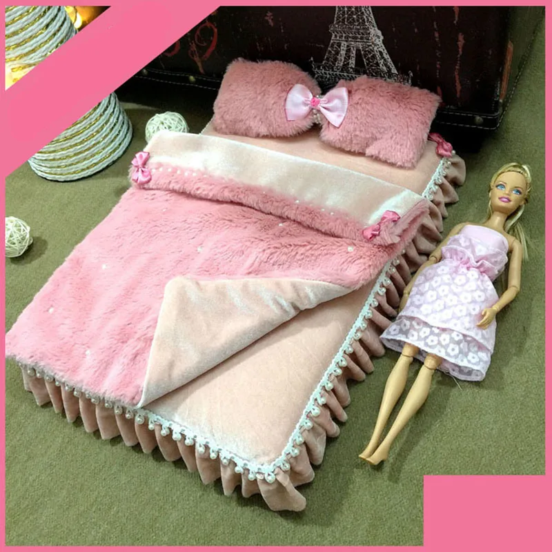 

1/6 bed for dolls Dollhouse Furniture toy plush 35cm pink soft bed model Miniature simulation pretend play toys girls gifts