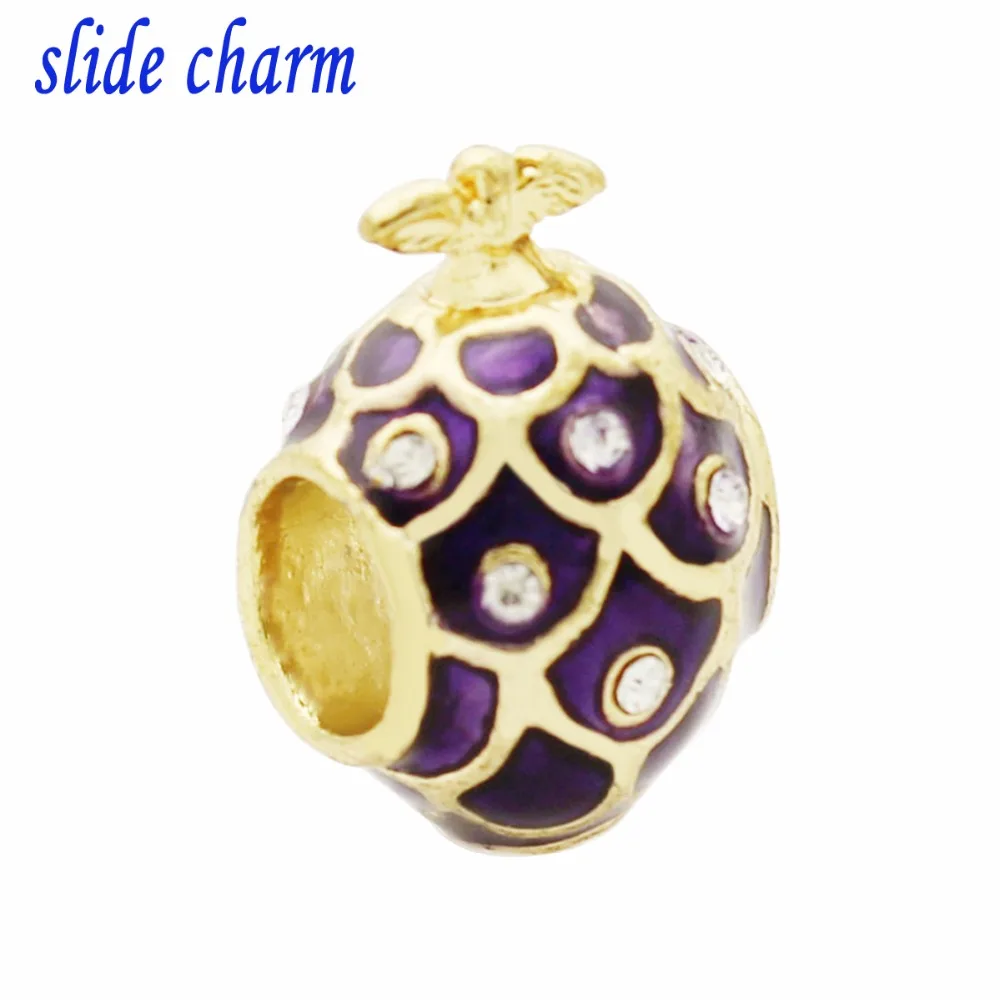 

slide charm Free shipping Purple enamel Russian eggs charm beads fit Pandora bracelet
