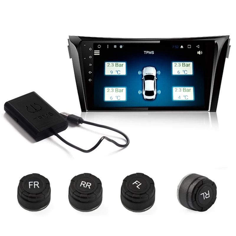 TPMS Tire Pressure Alarm System With 4 External Sensors For Android DVD Player Car Tire Alarm Monitor System DVD USB TPMS SF518