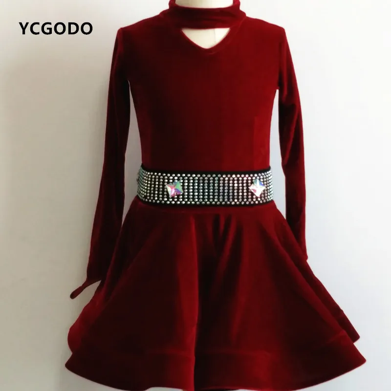 Girl Latin Dance Dress velvet wine royal blue black diamond Kid Fitness Children Samba Chacha Rumba stage Dancing Skirts | Тематическая