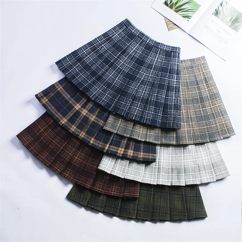 

Gowyimmes Autumn High Waist Pleated A-line Skirts Girls Harajuku Woolen Plaid Skirts Japanese School Skirt Sailor Mini Skirt 128