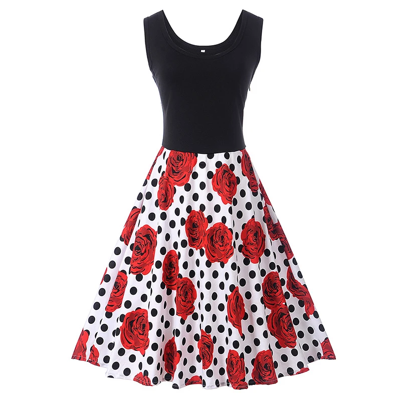 Kostlish Tank Summer Dress Women Sleeveless Patchwork Print Vintage Dress 2017 Elegant Swing Rockabilly Party Dresses Sundress (7)