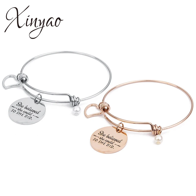 

XINYAO Stainless Steel Round Heart Pearl Charms Bangle Bracelet Engraved She Believed She Could So She Did Love Bracelets Femme