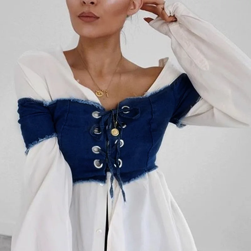 

Sexy Slash Neck Denim Top Short Tees Women Lace Up Off Shoulder Bustier Crop Top Party Tops Tank Female Camisole Dropship