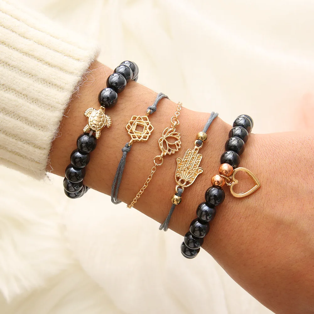 

2019 New Ladies Metal Palm Lotus Black Strings Pearl Turtle Love Golden bracelet Set Ball Date bracelet Girlfriend Gift