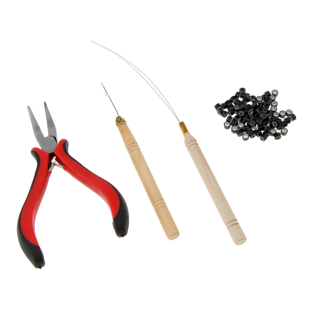 Professional Hair Extensions Pliers Hook Tool Kit  with 100pcs Silicone Micro Rings Loop 3mm