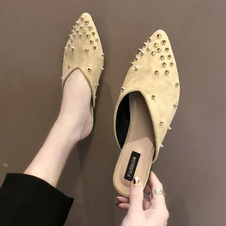 

Women Suede Rivets Casual Mujer Ladies Half Mules Block Low Heels Loafers Scuff Slides Feminino Lazy Slippers Shoes 658