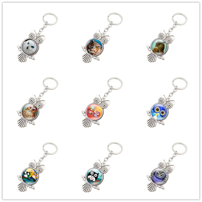 

Drop Shiping Owl keychain Couple Owl Keychain Handbag Car Key Ring Glass Cabochon Gem Key Chain Valentine's Day Gift for Lover