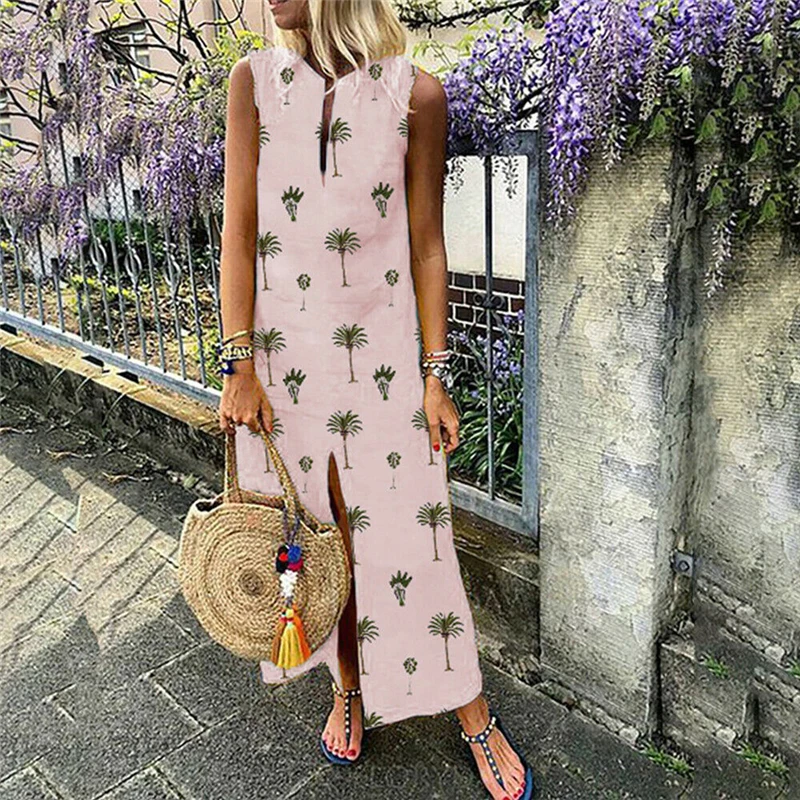 Женское Летнее Длинное Платье Макси Boho, Vestidos, повседневные Прямые платья с разрезом, женское шикарное пляжное платье, сарафан большого размера - Цвет: Розовый