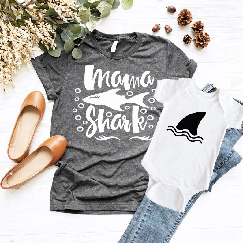 

cute matching outfits mama shark family tshirt fashion womens top kids shirt print cotton boys clothes christmas family new