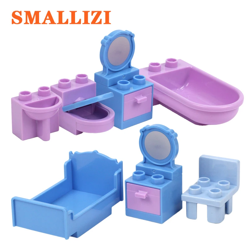 

Furniture Toilet Bathroom Wash Basin Bed Mirror Wardrobe Cabinet Accessories Building Blocks Compatible Duplo Bricks Parts Toys