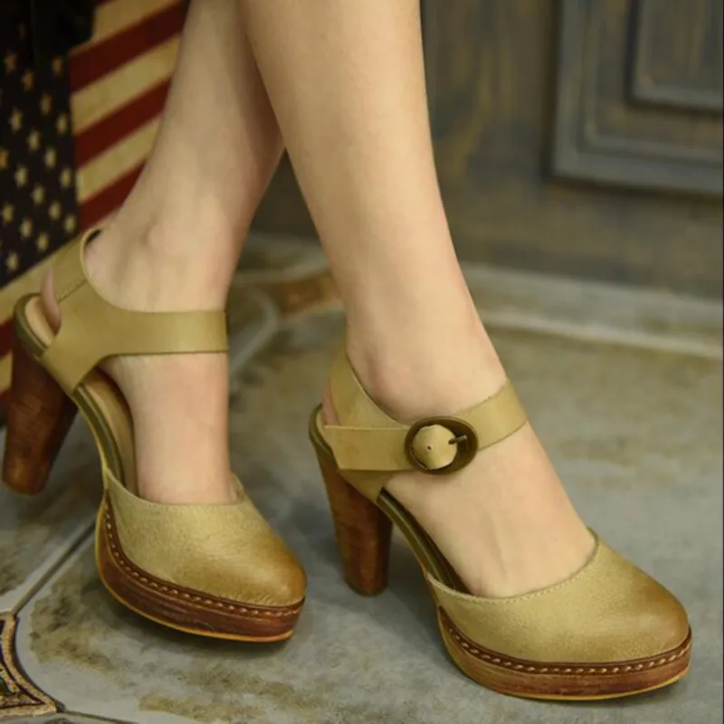 2016 spring genuine leather handmade women s shoes vintage thick heels high heels sandals strap platform