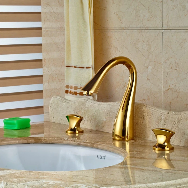 

3pcs Bathroom Vanity Sink Faucet Deck Mounted Swivel Spout Tap Double Handles Mixer Faucet